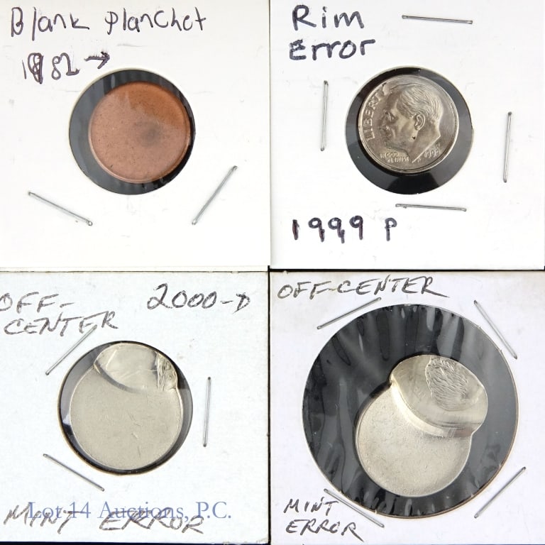 USA Cent, Nickel & Dime Mint Error Coins (4): Four (4) United States Mint cent, nickel and dime error coins as follows: ---1982 (?) blank Lincoln cent planchet error; ---1999-P Roosevelt dime rim error ; ---2000-D (?) Jefferson nickel off-center 