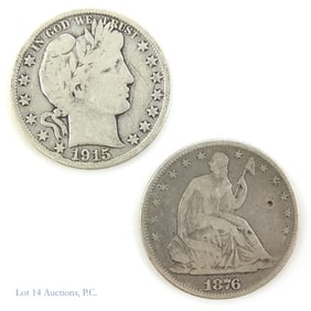 1876 & 1915-D USA 90%-Silver Half Dollars (2)