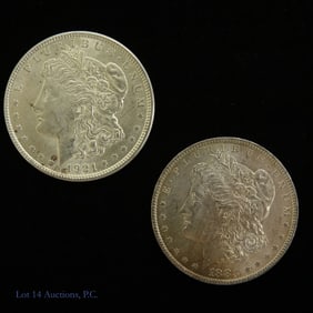 1883-O & 1921 USA 90%-Silver Morgan Dollars (2)