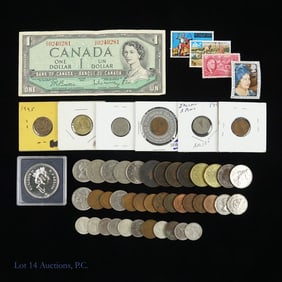 Assorted World Coins, Currency & Stamps