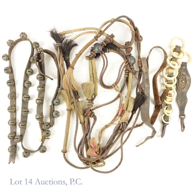 19th Century Horse Bridle, Tack, Sleigh, Bells: Horse tack and other horse riding equipment (5): Horse harness line spreader, approx. 16" long. ***** Brass bridle, approx. 12.5" long. ***** Horse tack, with horse hair and brass (ca. 1885) accessory