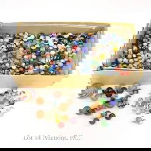Vintage Unsearched Mixed Marble Collection: Boxed collection of vintage marbles varying in size from about 0.5'' to about 2'' in diameter.