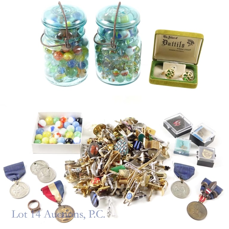 Grandfather's Drawer - Marbles, Medals, and More: Lot of assorted small treasures, including two glass jars of marbles, a small box of marbles, a bag of vintage Boy Scout medals, and a bag of various pins and cufflinks.
