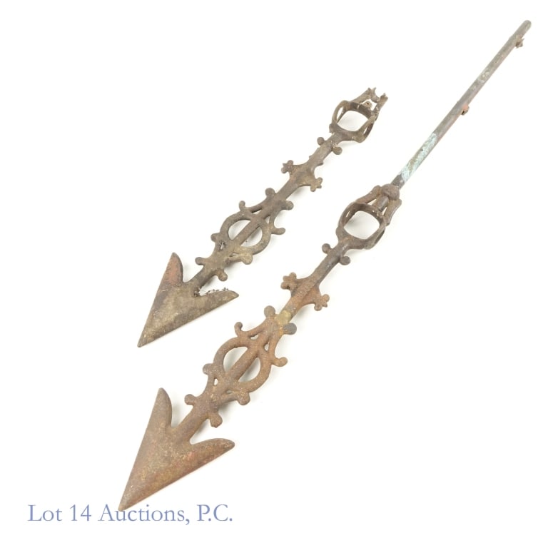 Cast Iron Weathervane Arrows, Electra (2): 2 cast iron arrow weathervanes. One is approx. 16.5" long, the other is approx. 30" long. Longer one is made by Electra and appears to be missing tail piece. Maker of shorter one is unknown. Weatherva