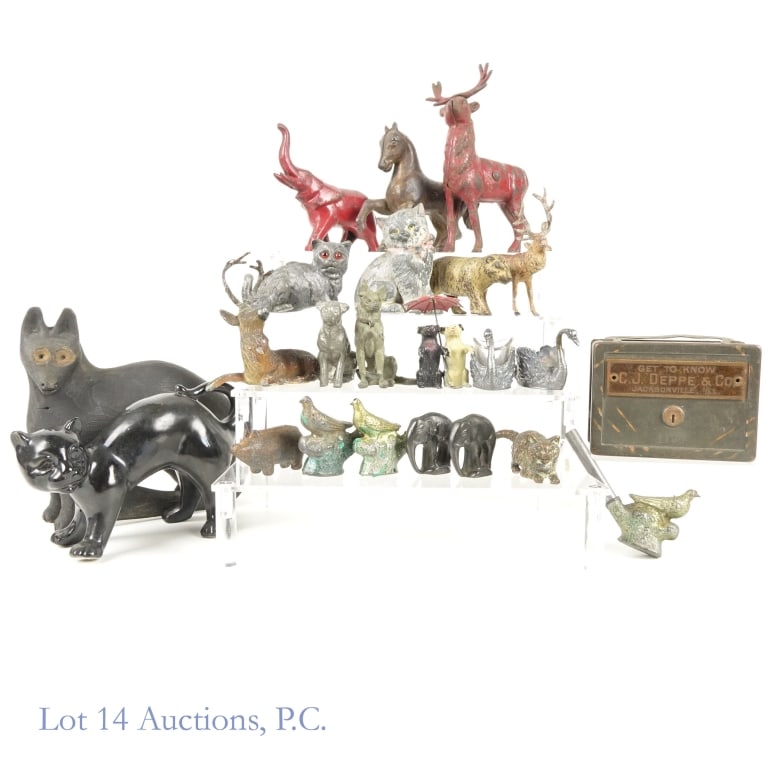 Bank and Animal Figurine Collection (22): Bank and Animal Figurine Collection: C.J. Deppe & Co. metal bank, approx. 4" across by 3" tall by 2" wide. Bottom missing and rusted. ***** G.O.P. elephant bank, approx. 3" across by 4" tall. Painted 