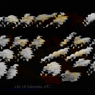 Sheep Figurine Collection (21) (Japan, Italy): Collection of 21 sheep figurines, made in Japan, Italy, and Germany. Each sheep / lamb is approx. 2-2.5" long and 1-1.5" tall. Also includes 1 stork figurine, about the same size. Each is