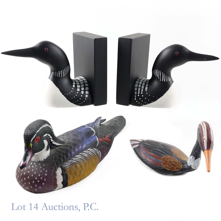 4 Wooden Waterfowl - Bouillet & Others: A collection of four vintage handcrafted wooden birds from different creators. The first is signed and numbered by celebrated artist Jules Bouillet (numbered 1329/3500). It is a 12'' long and 5.5'' ta