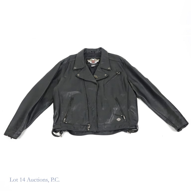 Harley Davidson Leather (3): Harley Davidson Leather Jacket and 2 Leather vests. Vest, size 2X, with patches, shell is genuine buffalo leather, showing some signs of wear. ***** Vest, size 2XL, with patches, with 100% genuine goa