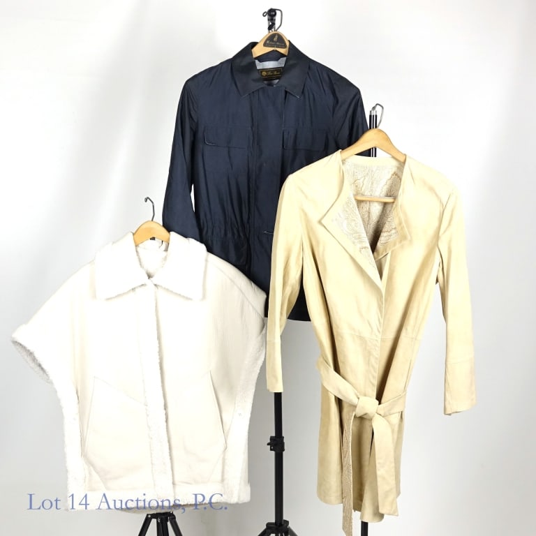 Loro Piana / Pologeorgis / Etro Lambskin Women's Coats: 1 Loro Piana Coat & 2 Lambskin Women's Coats: Solid navy blue Loro Piana coat with a buttoned front. Made in Italy. Size 42 (6 in US size). **** Solid tan colored and suede-textured Etro Spa Via Spart