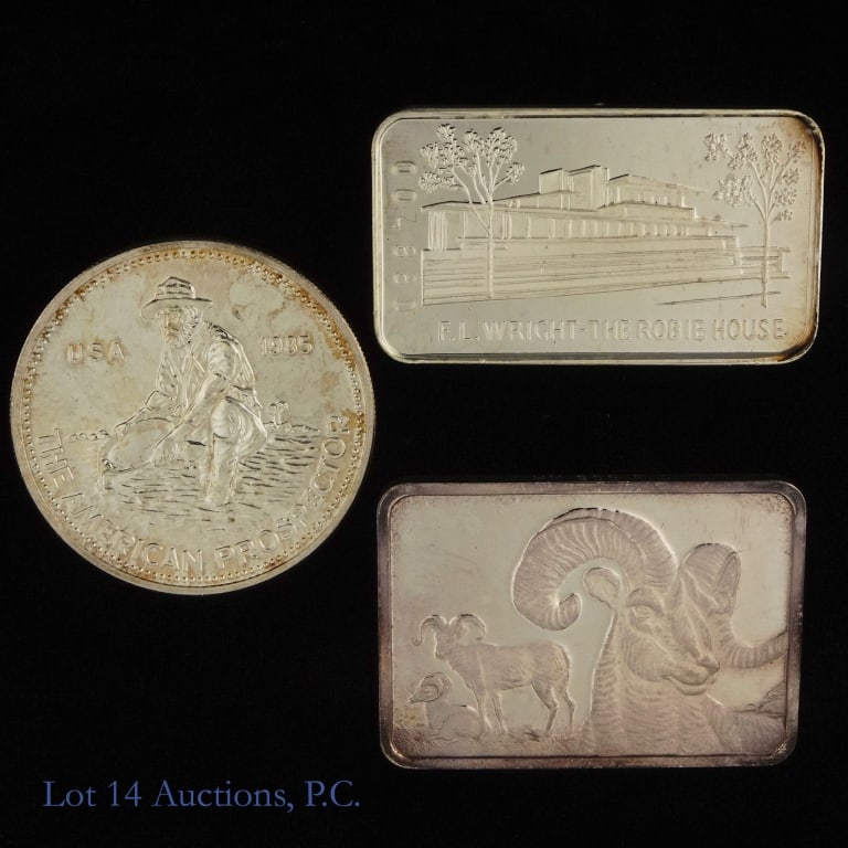 USA 99.9% Silver 1 Ozt. Ingot / Engelhard Round -3: Three (3) United States 99.9% silver one troy ounce ingots and round as follows: ---1985 +99.9% silver one troy ounce Engelhard American Prospector round; ---99.9% silver Frank Lloyd Wright "the Robie