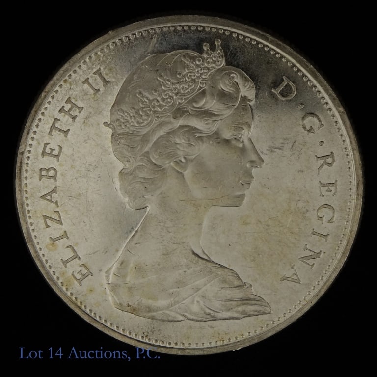 1965 Canada Voyageur 80%-Silver Dollar (BU): 1965 Canada silver dollar (Royal Canadian Mint) featuring an aboriginal and a voyageur / early settler. Designer (reverse) Emanuel Otto Hahn and (obverse) Arnold Machin. Per consigner, grades BU. Meta