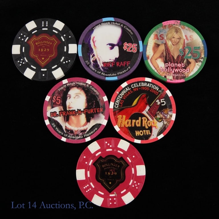 Casino Chips, Britney, Rocky Horror, 007 (6): Casino Chips, Britney, Rocky Horror, 007 (7). Collection of specialty casino chips. $25 Planet Hollywood Britney Spears, Piece of Me. $5 Hard Rock Hotel Frank-N-Furter, Rocky Horror Picture Show. $25 