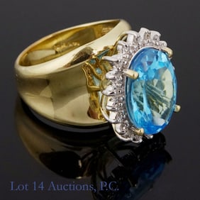 14k Gold Ring With Diamonds & Lg Blue Stone, Sz 7