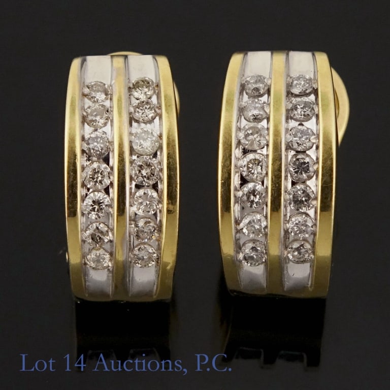 14k Gold & Diamond Earrings: Earrings made with 14k gold. Each earring has 14 small diamonds. 4.5g together, 1.4 ctw. 0.3" x 0.6" (7mm x 1.5mm).