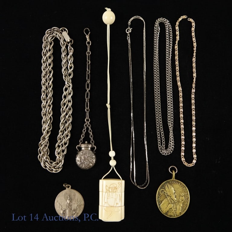 Assorted Jewelry, Chains, Religious Memorabilia: Assortment of different pieces of varying materials. Lot includes: two metal pendants, one depicting Our Lady of the Pillar (1.25''), the other St. Augustine (1.5''); four chains (29.5'', 13'', 24'', 
