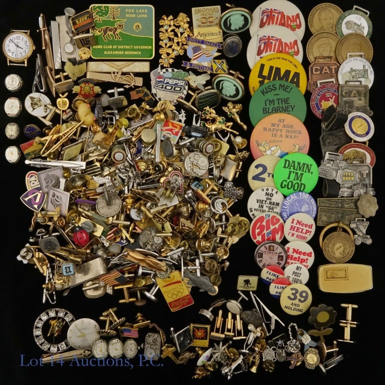 Pins / Cufflinks / Medal Badges (50+): Collection of at least 50+ pins, cufflinks, and medal badges. Various sizes and designs.