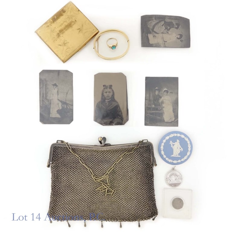 Grandma's Jewelry Box: An assortment of small and beautiful items like you might find in a jewelry box or drawer. Lot includes: an HHC Co German silver mesh purse measuring about 7''x5'' with a 16'' chain attached; an old n