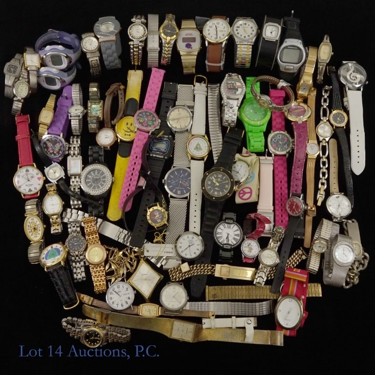 Wristwatches & Pocket Watch (60+): A collection of 60+ wristwatches and 1 Endura pocket watch. Some dials and bands that may be for parts or repair. Some brands include Timex, Sergio Valente, Armitron, Gitano, Freeport, and more.