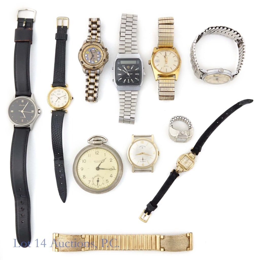 10 Rare & Unusual Vintage Watches: A collection of 10 rare and unique timepieces mostly from across the second half of the 20th century. Lot includes: one Eddie Bauer Titan watch; one Timex Sportster; one Lord Elgin 23 jewels watch (ba