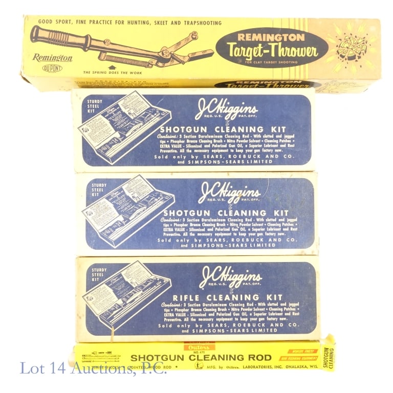 Rifle/Shotgun Cleaning Kit (4) and Target Thrower: J.C. Higgins Rifle Cleaning Kit (3), Outers Shotgun Cleaning Rod, and Remington Target-Thrower for Clay Target Shooting -- all in original boxes (opened). J.C. Higgins Steel Gun Cleaning Kits each con