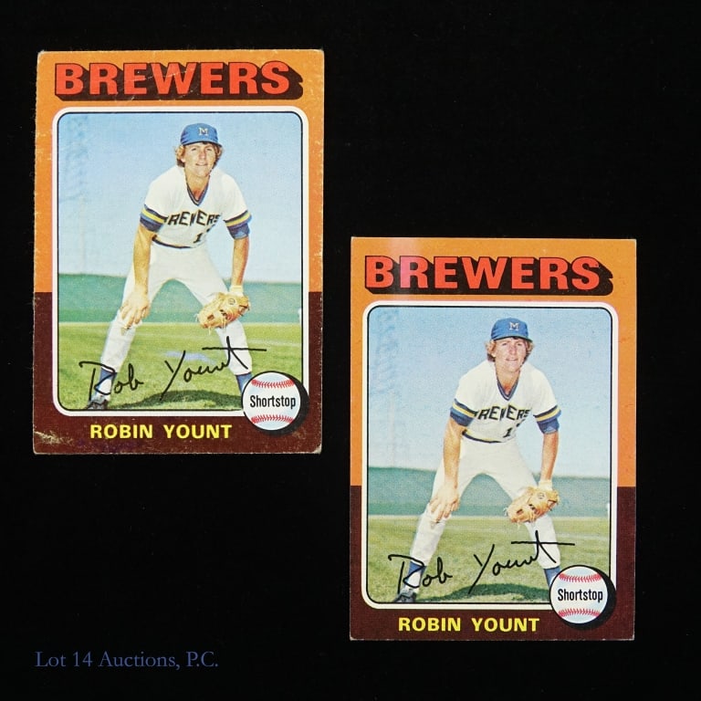 1975 Topps Robin Yount (RC) Baseball Cards (2): Two 1975 Topps Robin Yount (#223) baseball cards. These cards are considered the rookie cards of the Hall of Famer who spent his entire career with the Milwaukee Brewers. Each card has some issues - p