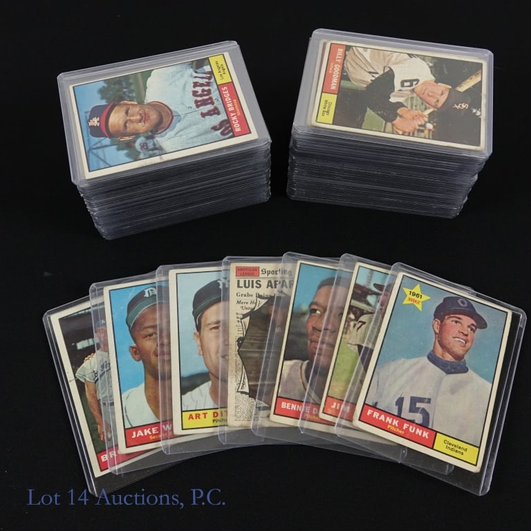 Over 60 1961 Topps Baseball Cards: We are estimating there are a little more than 60 Topps cards from 1961 in this collection. We saw a mix of team cards as well as individual player cards. All cards have some level of edge and corner 