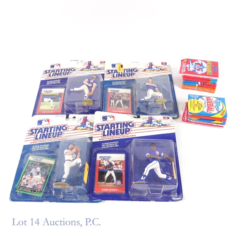 1988 Starting Lineup & Unopened Baseball Cards: Four 1988 Starting Lineup figurines. All four have some wear to the package and adhesive price tags: Rick Sutcliffe (green card - package partially opened) ** Rick Sutcliffe (red card - sealed)) ** An