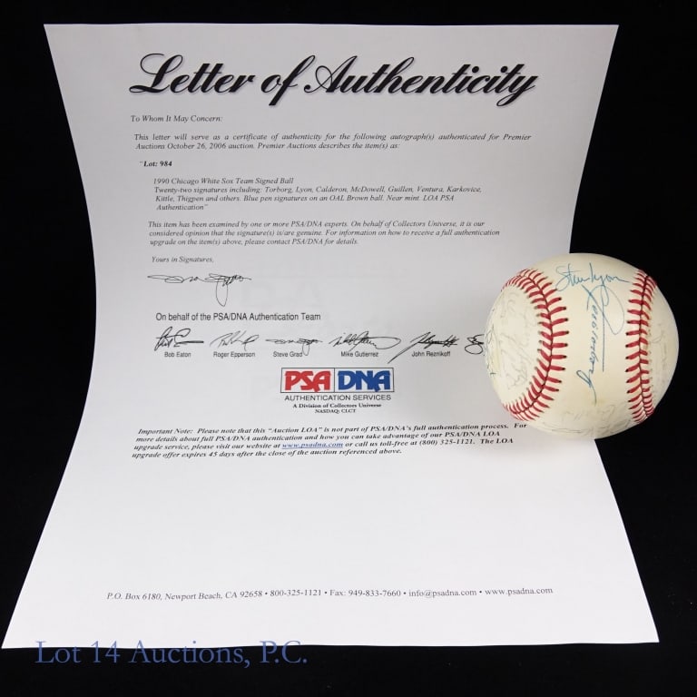 1990 Chicago White Sox Baseball (22 sigs - PSA): Bobby Brown OAL baseball signed by 22 members of the Chicago White Sox. Accompanied by a PSA/DNA auction letter of authenticity. Signatures: Jeff Torborg (sweetspot) ** Scott Radisky, Bobby Thigpen, D