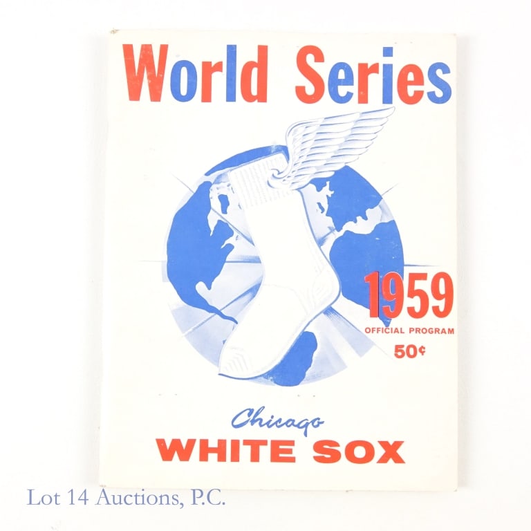 1959 White Sox World Series Prog & Ticket: Chicago White Sox 1959 World Series program with a ticket from Game 2 stapled inside the front cover. There is also a letter from the White Sox thanking the fan for their interest in the World Series.