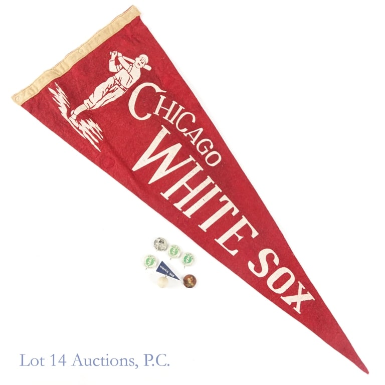 1950s / 1940s Chicago White Sox Pennant & Buttons: 1940s or 1950s Chicago White Sox felt pennant. 28.5" long x 11" at the hoist. There are pin holes on the hoist, and the top is missing. There are other small holes in the body of the pennant from the 