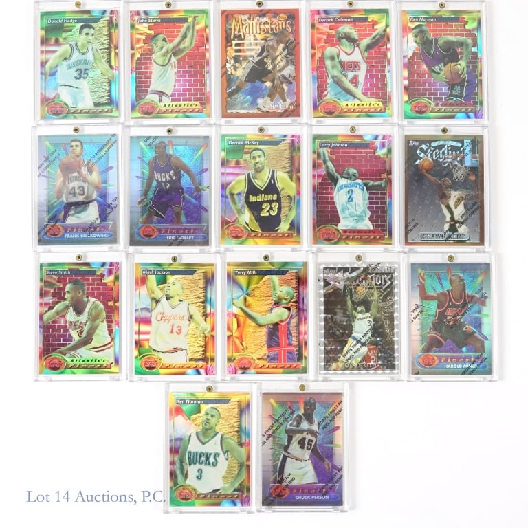 17 Topps Finest Refractor Basketball Cards: Assortment of Topps Finest basketball Refractor cards. The players in this assortment include Donald Hodge, John Starks, Sean Elliott, Steve Smith, Joe Smith, Larry Johnson, Derrick McKey, Eric Mobley