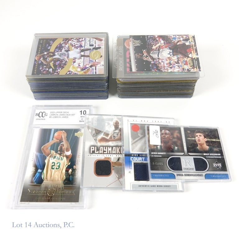 50 Basketball Cards With James, O'Neal, Kidd +++: Collection of 50 newer basketball cards with a nice assortment of rookies and some relic cards. Looking through this collection we saw a Dirk Nowitzki Black Diamond rookie card, Lebron James 2003 Uppe