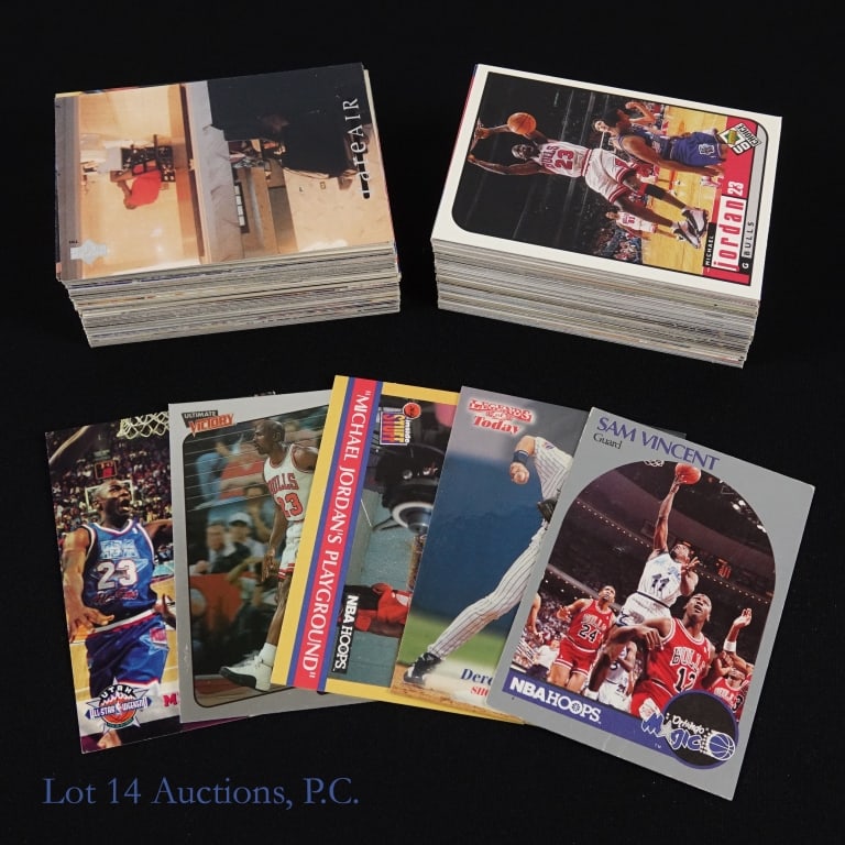 147 Michael Jordan Trading Cards: Mixture of 147 Michael Jordan Trading cards from different manufacturers and assorted years. There are some League Leader cards, Rare Air cards, as well as others. We did not see any rookie cards in t