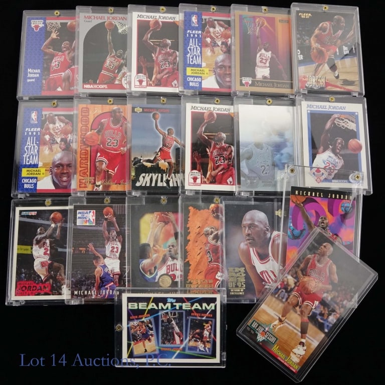 Michael Jordan Basketball Cards (20): 20 NBA basketball cards featuring Michael Jordan. Various years and manufacturers. Earliest cards date to the early 1990s.