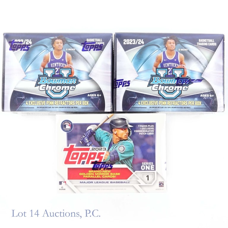 2023 Baseball & Coll Basketball Cards - Sealed: 3 boxes total. 1 sealed box of Topps 2023 series 1 Major League Baseball cards. Contains 7 packs and commemorative patch card. 14 cards per pack. ***** 2 sealed boxes of Topps Bowman U Chrome college 