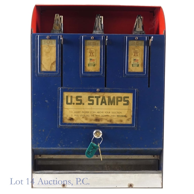 U.S. Stamp Vending Machine, Coin Op. 1970's: U.S. Stamp Vending Machine, 1970's. 8.5" x 13.5" x 19.5" U.S. postage stamp vending machine predating1975 for dimes and quarters. 42 lbs. Stamps in display windows show the 13 c. Liberty Bell and the 
