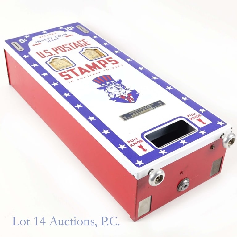 Victory Coin Op Postage Stamp Machine, 5 c. 10 c.: Victory Stamp Machine, 5 c. 10 c. 4.25" x 8" x 19.5" U.S. Postage Stamp Machine from Victory. Serial #14840. Key is missing. 10 c. knob returns to original position slower than the 5 c. one. Chips on 