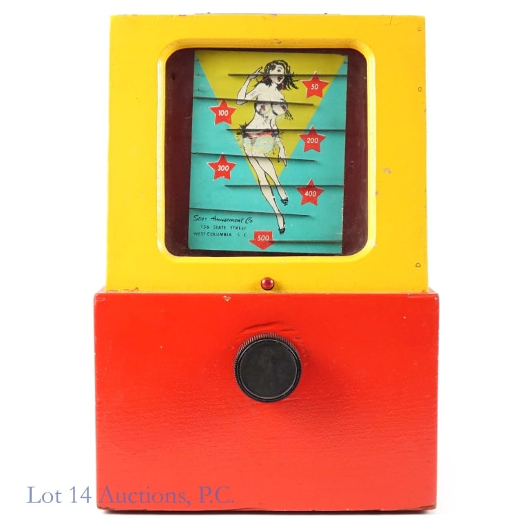1950's Go-Go Girl Penny Arcade Game, Coin Op.: 1950's Go-Go Girl Penny Arcade Game. LOCAL PICK UP OR THIRD PARTY SHIPPING ONLY. ADULT ONLY, MATURE CONTENT, NOT FOR SALE TO MINORS. 8" x 11" x 16" penny arcade game featuring a topless Go-Go girl fro