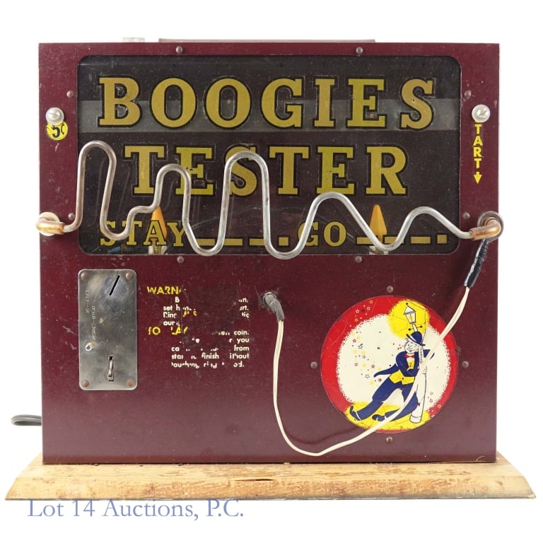 1950's Boogie Tester, 5 c. Game, Coin Op.: 1950's Boogie Tester, 5 c. Game, LOCAL ONLY. LOCAL PICK UP OR THIRD PARTY SHIPPING ONLY. 6" x 20" x 18" 5 c. coin operated game titled "Boogies Tester" likely from the 1960's. Tested and working. This