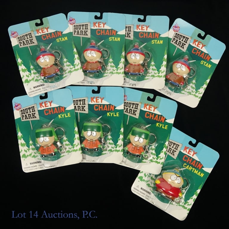 South Park Keychains (8): 8 South Park Keychains. All new in package. Keychains are of the characters Stan (4), Kyle (3), and Eric Cartman (1).