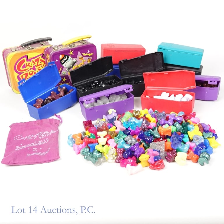Gogo's Crazy Bones Plastic Figures: Collection of Gogo's Crazy Bones mini plastic figures from the 90's. Also includes 10 plastic tombstone-shaped containers, a magenta pouch, and 2 tin cases.