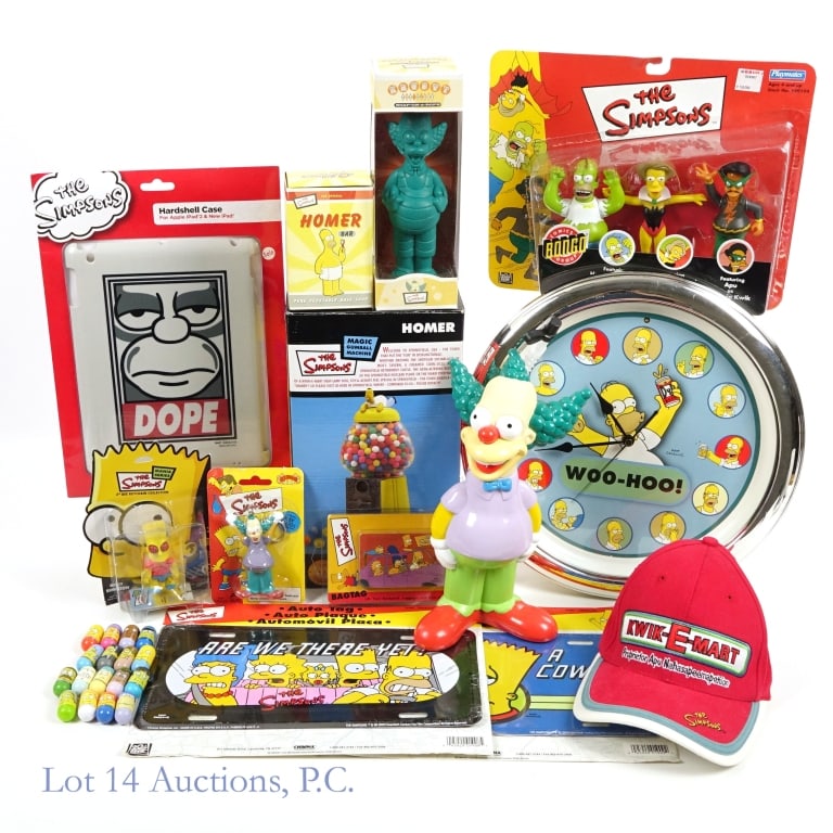 The Simpsons Merchandise (13+): 13+ pieces of merchandise for The Simpsons. Includes: 2004 Homer Simpson "Woo-Hoo!" wall clock. Working. *** Hardshell case for Apple iPad 2 & New iPad. New in package. **** Bart Simpson "Don't Have A