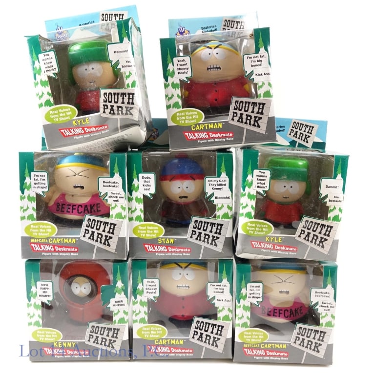 Case of South Park Talking Deskmates, NIB (8): Case of South Park Talking Deskmates, NIB (8). Eight (8) assorted South Park Talking Deskmates. New In Box. Original shipping container. Moisture damage to case and packages. See photos for more detai