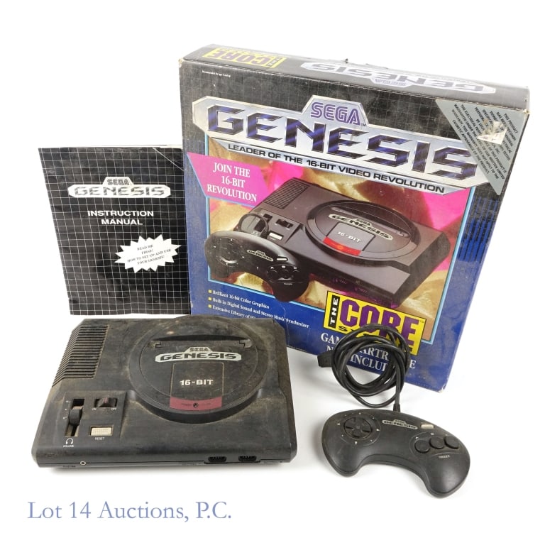 Sega Genesis Console: Sega Genesis Console. Includes 1 controller, instruction manual, and original box. The console itself is very dusty, same with the box. The box has some tears on the edges.