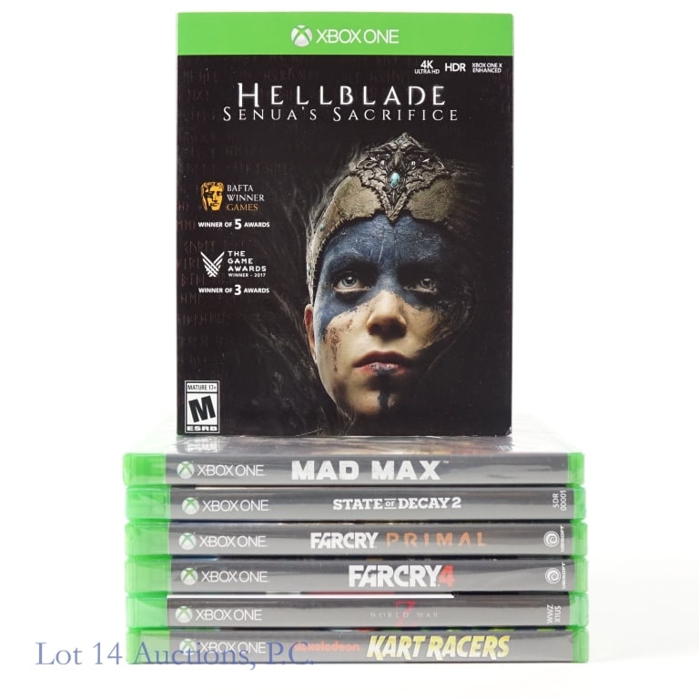 Sealed XBox One Games (7): 7 factory sealed games for XBox 1. Includes: Hellblade: Senua's Sacrifice, Kart Racers, World War Z, Far Cry 4, Far Cry: Primal, State of Decay 2, and Mad Max.