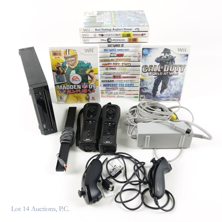 Wii Console & Games (18): Wii Console & 18 Games. Includes 2 remote controllers, 2 nunchuck controllers, AC power cable, AV power cable, sensor bar, and 2 operation manuals. Tested and working. Games include: Just Dance: Summe