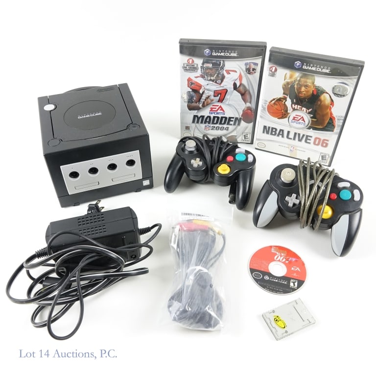 Nintendo Gamecube & Games (3): Nintendo Gamecube Console & 3 Games. Includes 2 controllers, power cable, AV power cable, and Mad Catz Memory Card. Tested and working. Games include: Madden 2004, NBA Live 06, and From Russia With Lo