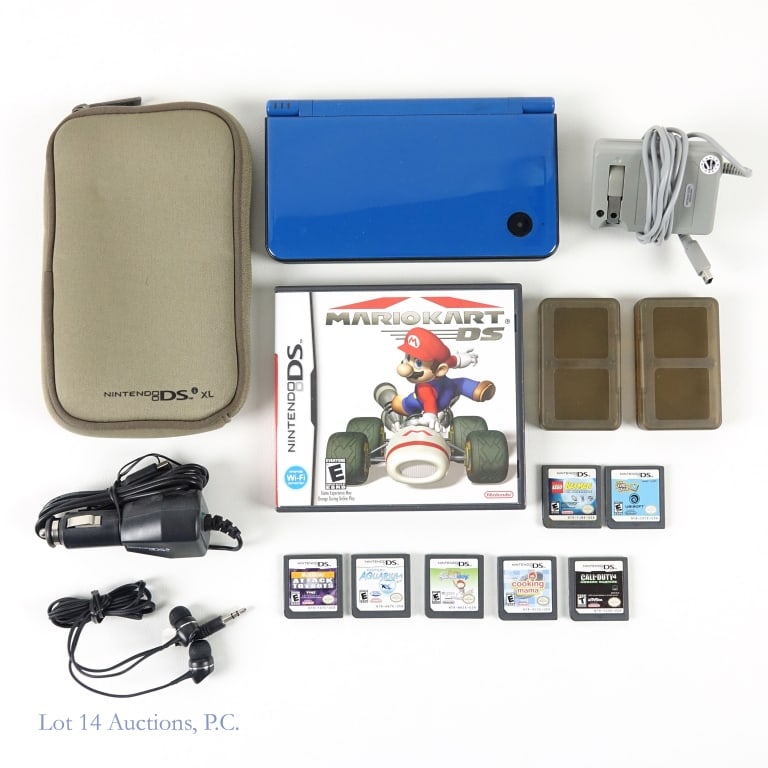 Nintendo DSi XL & Games (8): Midnight blue Nintendo DSi XL with 8 games. Includes 2 chargers, zip-up case, earphones, and 2 small cases for games. Tested and working. Games include: Mario Kart, Lego Batman, Scribblenauts, Rayman 