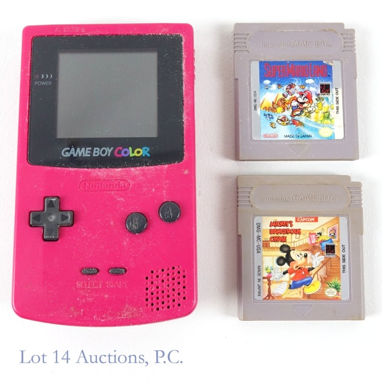 Nintendo Game Boy Color + 2 Games: Nintendo Game Boy Color (model No. CGB-001). 2 games (Super Mario Land & Mickey's Dangerous Chase. All untested, and sold "as is". Some wear and could use some cleaning.