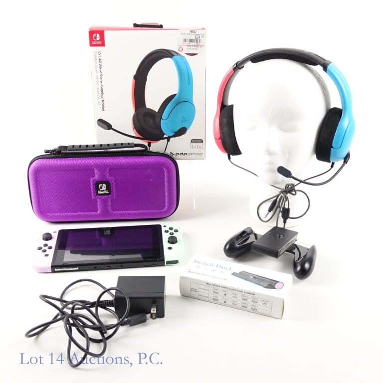 Nintendo Switch Console: Nintendo Switch Console. Includes USB-C charger, zip case, joy con grip, switch dock (in box), and gaming headset (in box). Tested and working.
